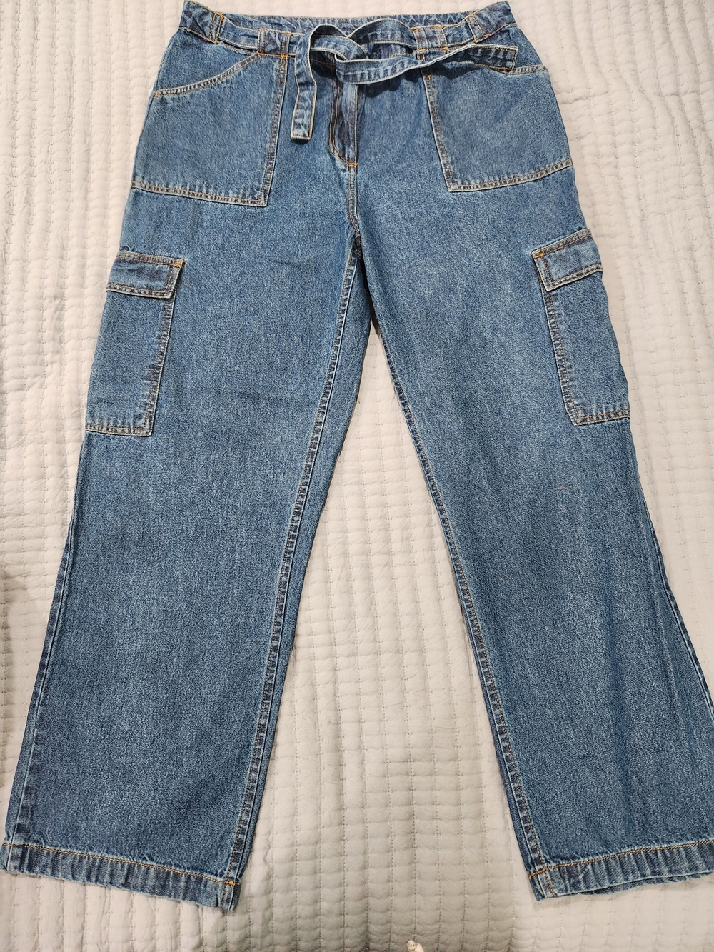 bill blass Light Blue Straight-Leg Cargo Jeans with Tie Waist Vintage 100%cotton